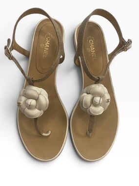 Chanel Women’s Camellia Thong Sandals Flower White Tan Size 41 with box